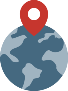 trouver nos bureaux Une mappemonde grise avec un point de géolocalisation rouge