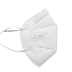 1.-FFP2-Product-klein Un masque chirurgical à usage unique déplié en tissu bleu